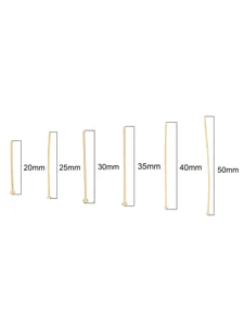 Comparison of six lengths of gold T-pins for DIY jewelry making from 20mm to 50mm