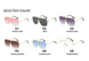 Oversized rimless square sunglasses in multiple lens colors like pink, blue, and gray gradient.