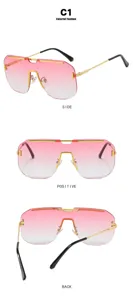 Multiple views of pink gradient oversized rimless sunglasses with gold accents