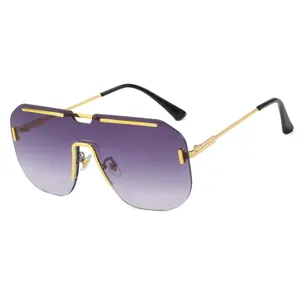 Oversized rimless square sunglasses with purple gradient lenses and gold rivet accents