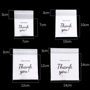 Detail view showing four different sizes of transparent OPP self-sealing bags with Thank You print