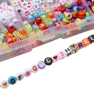 Close-up detail of colorful acrylic letter and number beads for DIY jewelry kits
