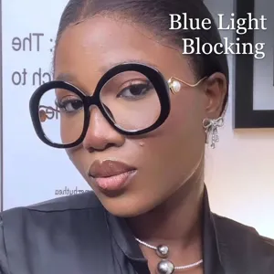 Mode Runder Übergroßer Rahmen Metall Optische Brille Mit Künstlicher Perle Wellenbügel Blaulichtschutz Retro Fensterglasbrille Rahmen Für Damen Herren