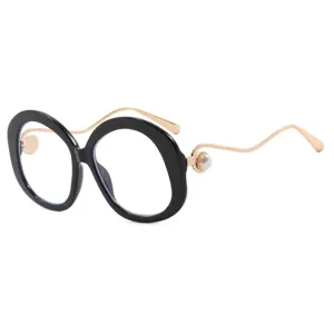 Stylische übergroße runde schwarze Brille mit gewellten Goldbügeln und Perlendetails
