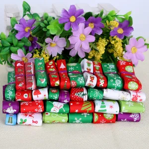 Detailed macro shot of various Christmas themed printed grosgrain ribbons for DIY crafts
