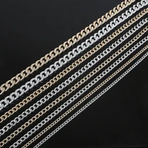 Detailed view of various aluminum curb chains in gold and silver for DIY jewelry