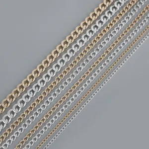 Variety of polished aluminum chains in different sizes with gold and silver finishes