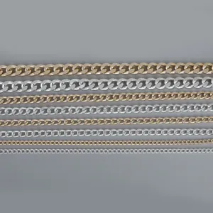 Detailed view of various sizes of gold and silver aluminum curb chains for DIY jewelry