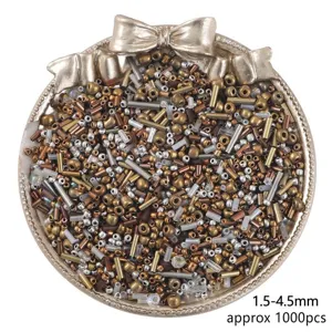 Macro view of metallic mixed glass seed and bugle beads for jewelry making