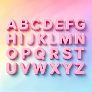 Top-down macro view of glossy pink 3D acrylic alphabet beads from A to Z for DIY