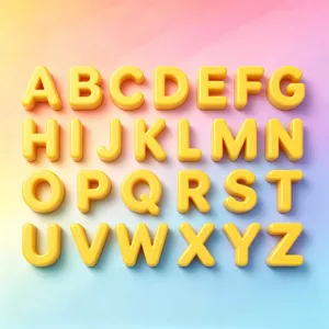 Macro view of 26 yellow 3D acrylic alphabet beads for DIY jewelry and keychain making