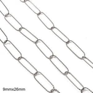 Detailed macro view of textured stainless steel oval link chain for DIY jewelry craft projects