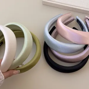 French Style Retro Wide Padded Headband For Women Glossy Satin Sponge Headwear Elegant Handmade Hair Band Face Washing Hair Accessory