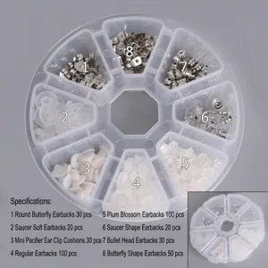 Detailed view of an 8-compartment organizer box with diverse earring backs and counts.
