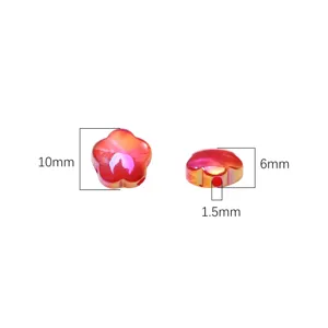 Detailed dimensions of red iridescent acrylic flower bead showing 10mm diameter and 6mm height