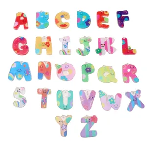 Acryl Bunte Bedruckte Alphabet Buchstaben Anhänger DIY Schlüsselanhänger Schmuckherstellung Zubehör Smiley Gesicht Blumenmuster