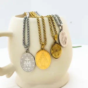 18K Vergoldete Edelstahl Wundertätige Medaille Jungfrau Maria Anhänger Halskette Für Herren Damen Religiöse Ovale Weizenkette Schmuck Geschenk
