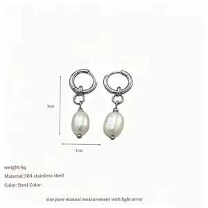 Detailed macro view of 304 stainless steel hoop earrings with pearls and 3cm drop length