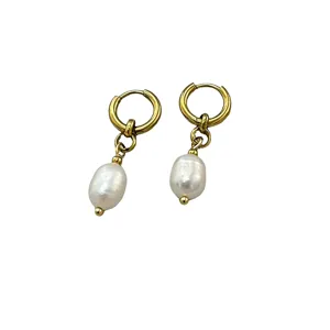 Elegant 18K gold plated stainless steel earrings with natural freshwater pearl pendants