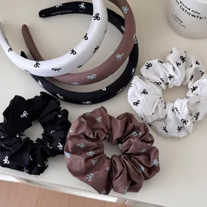 Korean Vintage Bowknot Scrunchies Headbands For Women Retro Brown Black White Bow Tie Printed Hair Ties Fabric Hair Accessories