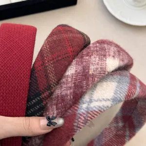 Festive red plaid wool wide headband for Christmas and New Year hair styling