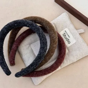 Set of three thick felt plush headbands in grey brown and burgundy for autumn winter