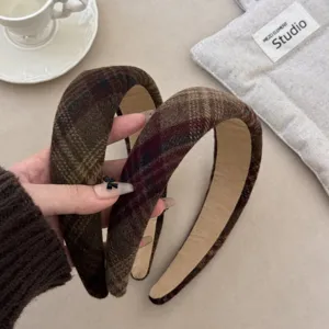 Cerchietto a Bordo Largo Vintage Inglese per Donna Autunno Inverno Hair Band a Quadri in Flanella