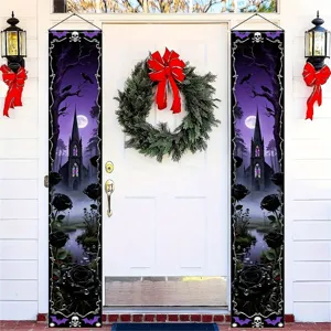 Dark Gothic Porch Banner Halloween Castle Crow Skull Pattern Pongee Door Couplet Set Outdoor Hanging Flag Decoration