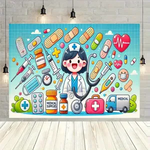 Sfondo Fotografico a Tema Infermiera in Tessuto Pongee Elementi Medici Stampati Arazzo per Decorazione Festa Giorno dell'Infermiera