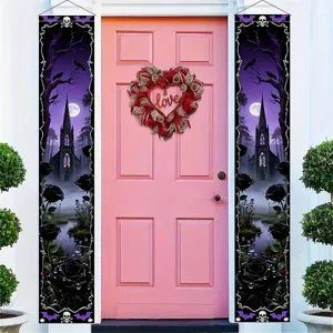 Gothic Halloween porch banners with dark castle and black roses for front door decor