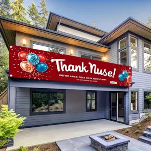 Outdoor red banner with Thank Nurse text and balloon graphics for Nurse Day decor