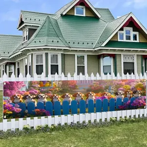 Adorable puppy garden banner for outdoor fence decoration with vibrant spring flower design