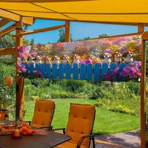 Decorative outdoor banner with cute beagle puppies and blue fence for garden party