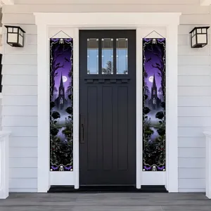 Gothic porch banners with dark castle and black roses for Halloween decor