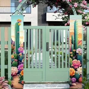 Ein Paar lebhafte Porch-Banner mit Wüstenkaktus- und Blumenmotiv für die Haustür.