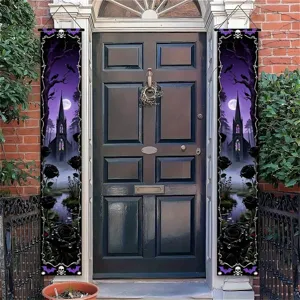 Gothic Halloween porch banners with dark castle and black roses for front door decor
