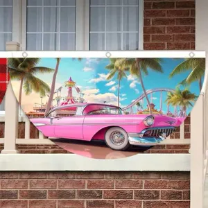 Vintage Pink Racing Car Fan Shaped Bunting Flag Tropical Vacation Party Outdoor Decoration Banner Polyester Half Round Flag