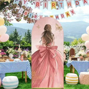 Pink Princess Dress Girl Birthday Party Arch Backdrop Cover Aesthetic Butterfly Illustration Archway Decoration Elastic Polyester Backdrop
