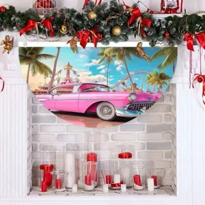 Pink vintage car theme fan-shaped flag semi-circular banner for outdoor party decoration