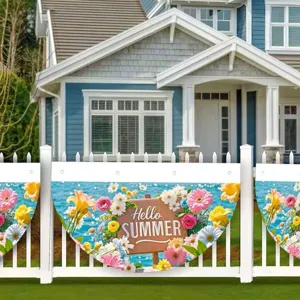 Vibrant summer floral fan-shaped banner with Hello Summer text for outdoor fence decor