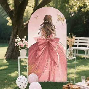 Pink princess dress theme arch backdrop for girl birthday party in garden setting