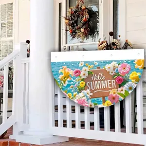 Floral Hello Summer fan-shaped bunting flag for outdoor porch and garden party decor