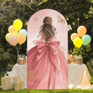 Pink princess dress themed arched backdrop for girls birthday party decoration