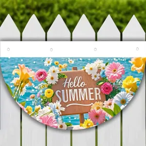 Summer floral fan-shaped garden flag with Hello Summer on a white fence