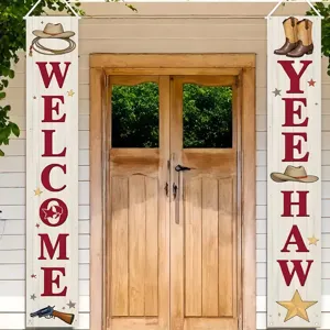 Western Cowboy Theme Porch Banner Set Welcome Yeehaw Polyester Door Hanging Decoration For Indoor Outdoor Party Home Decor