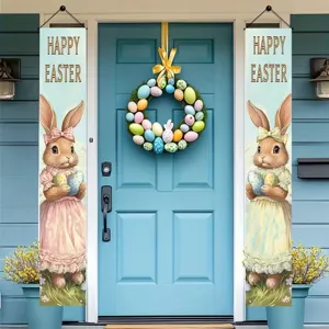 Happy Easter Porch Banner Set Of 2 Polyester Easter Bunny Egg Hanging Flag For Front Door Holiday Home Wall Decor