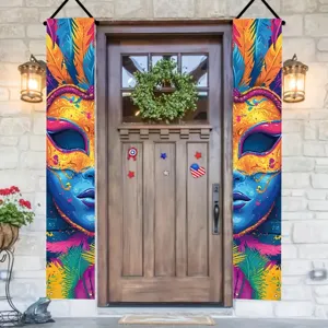 Mardi Gras Porch Banner Pair Artistic Feather Mask Carnival Door Flag Set For Outdoor Yard Garden Party Decor Printed Polyester Banners
