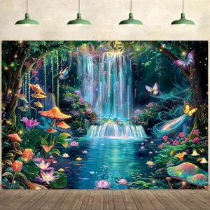 Enchanted Forest Photography Backdrop Fairy Tale Elf Cabin Mushroom Butterfly Waterfall Birthday Party Decor Tapestry