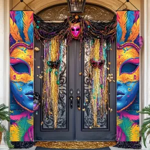 Vibrant Mardi Gras feather mask door banners for carnival party porch decoration