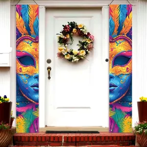 Carnival mask door banner couplets with colorful feather art for festive porch decor